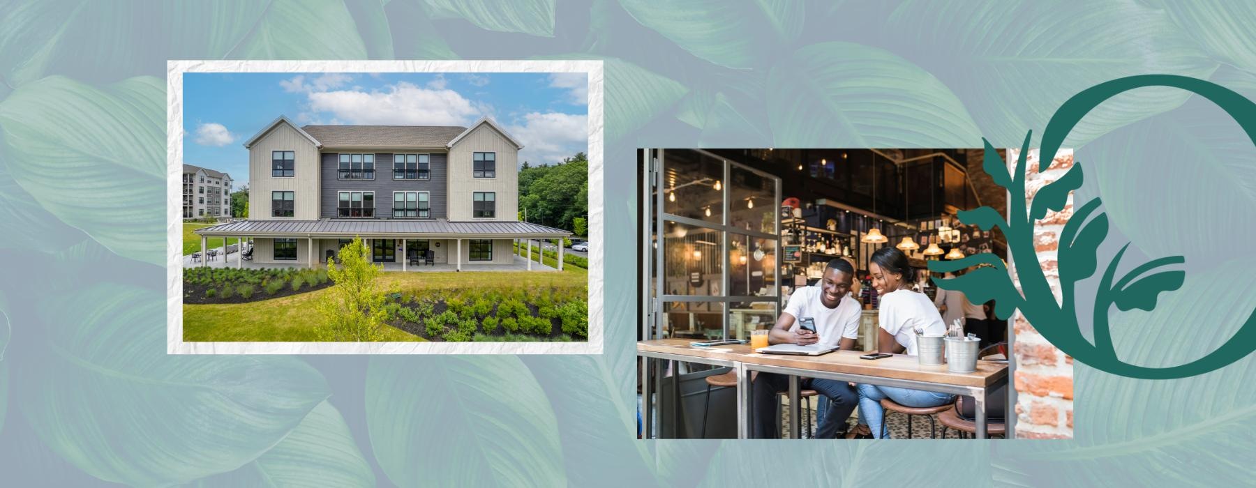 clubhouse exterior and people sitting at an outdoor table in front of restaurant