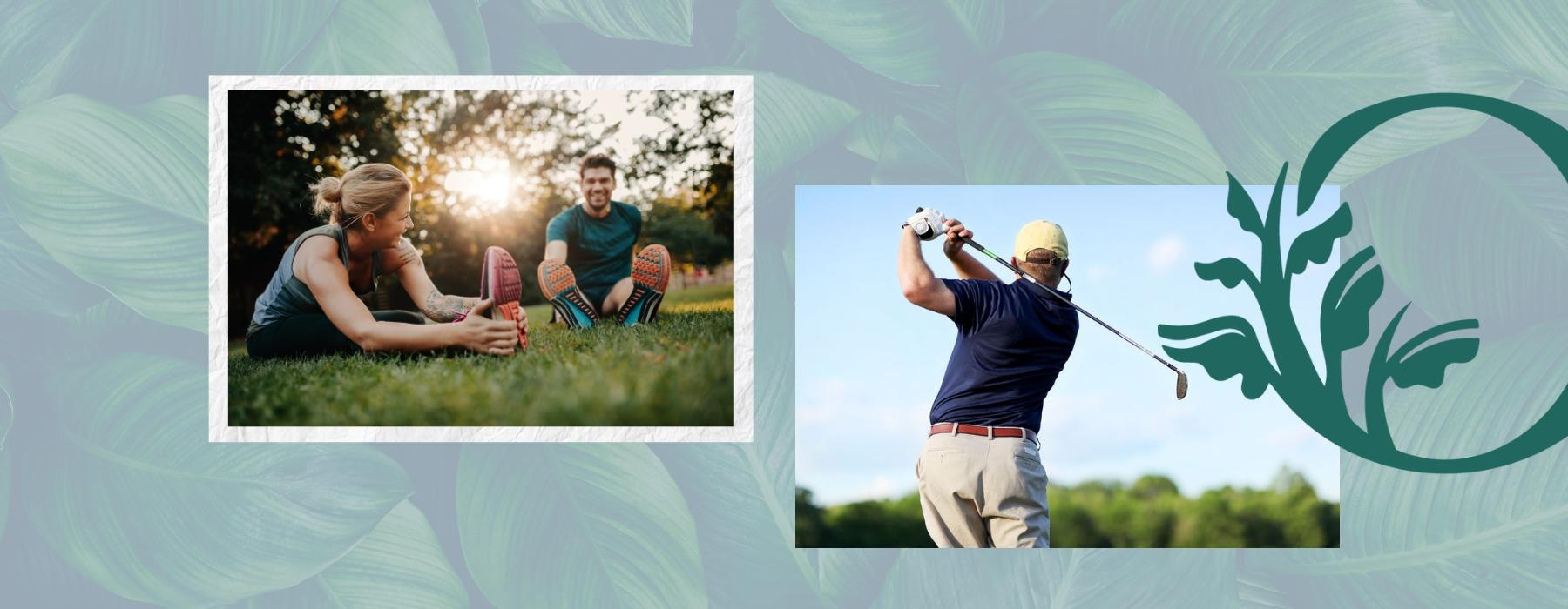 a couple stretching on grass and a man golfing